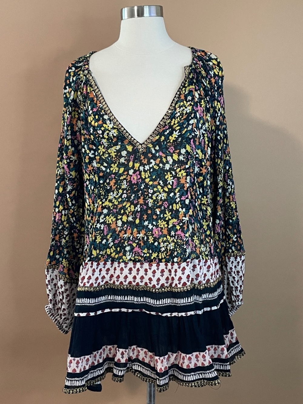 Free People Floral Mini Dress M Jewel Rhinestone Trim Tiered Boho Festival